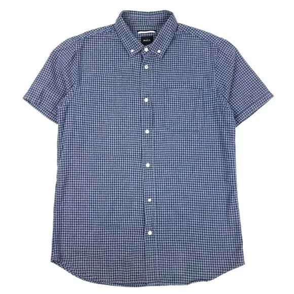RVCA Flannel Slim Fit Button Down Casual Short Sleeve Shirt Check Navy Blue Gray - Picture 3 of 8